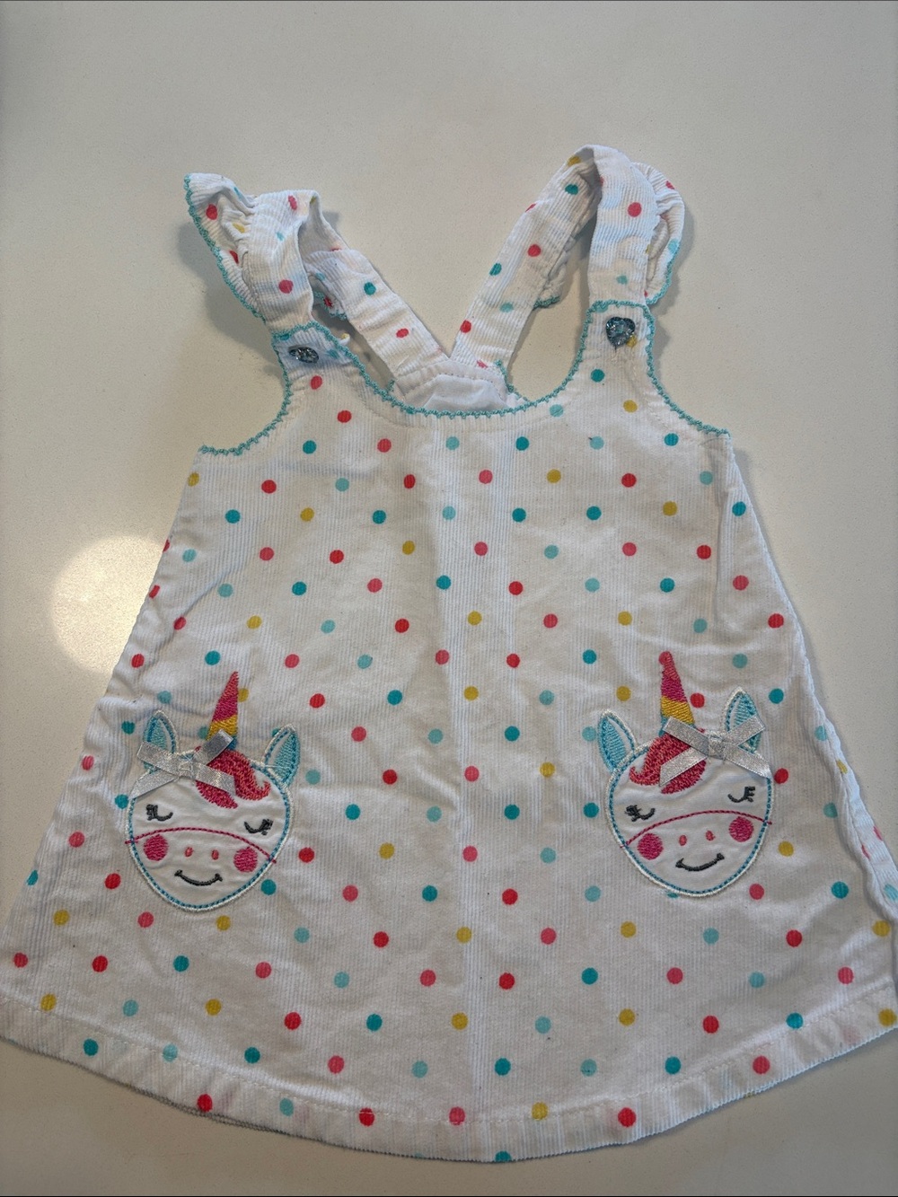 Vintage White Polka Dot Unicorn Corduroy Pinafore Dress